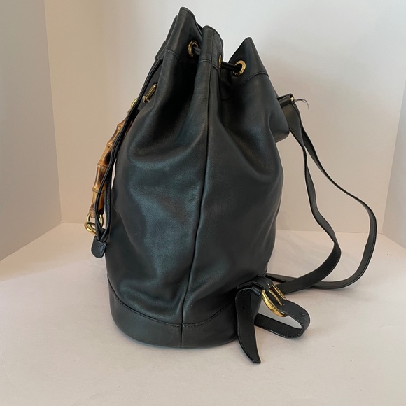 Gucci Black Leather Backpack Vintage Side Bamboo Handle Drawstring - Picture 4 of 16